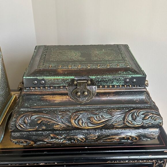 Source Unknown Other - Vintage Spanish Colonial Carved Ebonized Finish Wooden Storage Box Decor